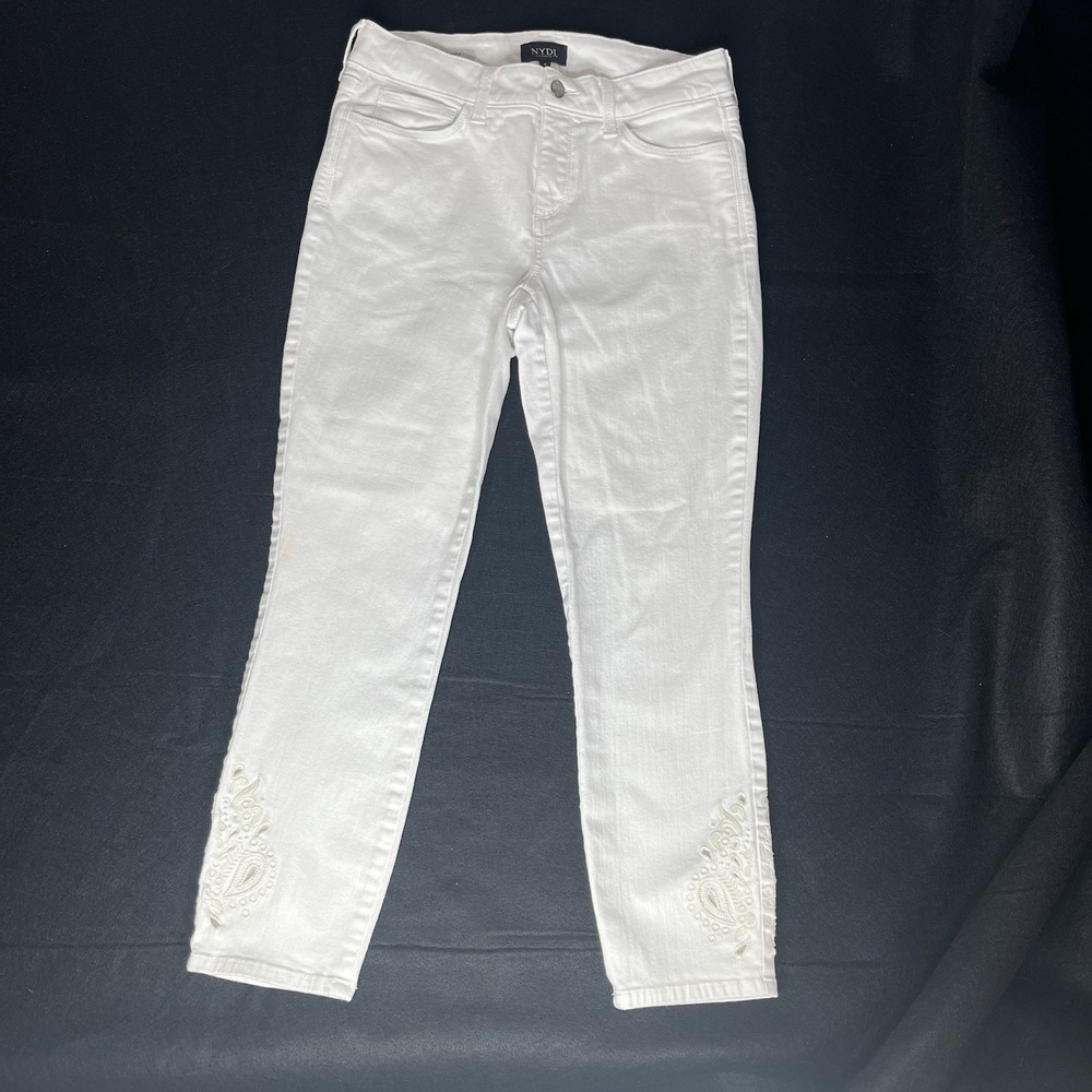 NYDJ Alina Ankle Jeans Womens 4 White Cotton Blend Embellished Ankle Lift Tuck